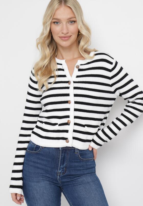 Biały Rozpinany Kardigan w Paski Abamestra 4