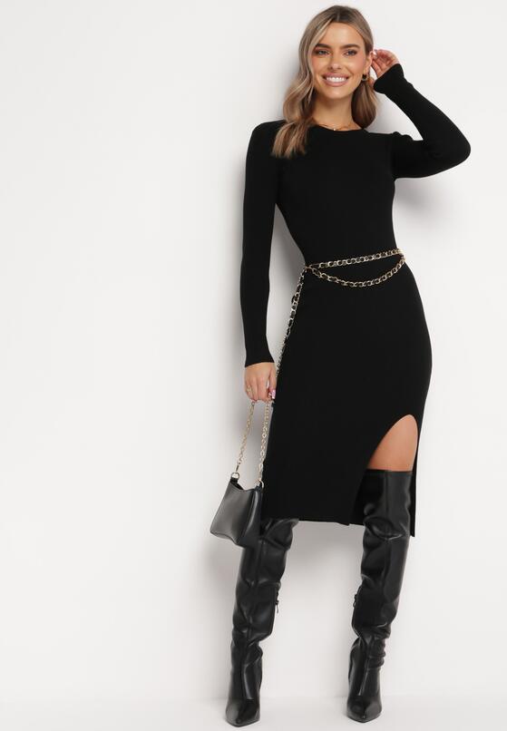 Czarna Dopasowana Sukienka Sweterkowa z Rozcięciem Aminna 1
