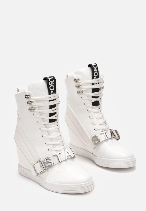 Białe Sznurowane Botki na Koturnie Ozdobione Paskiem z Napisem Kiranets 4