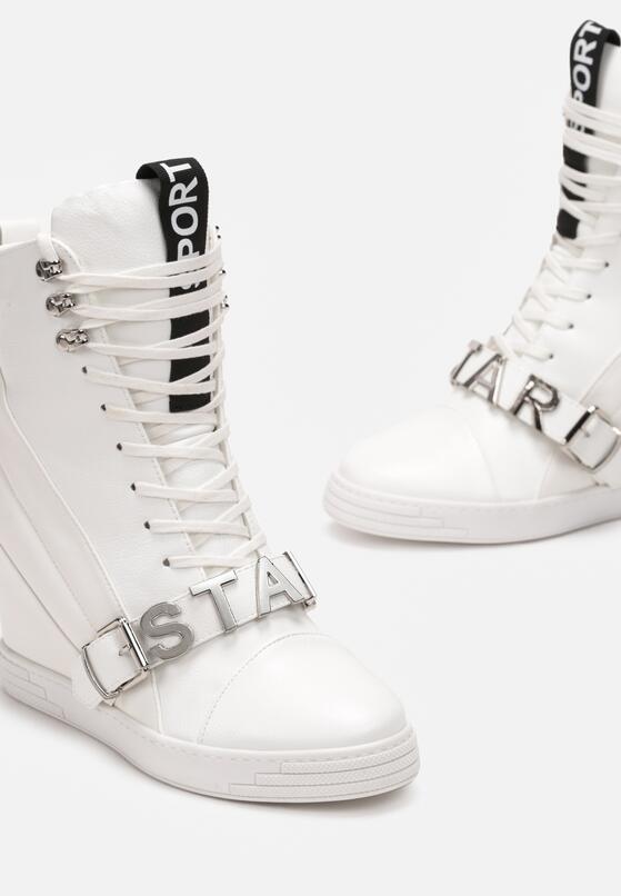 Białe Sznurowane Botki na Koturnie Ozdobione Paskiem z Napisem Kiranets 5