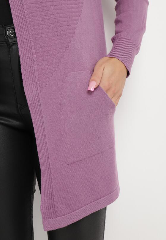 Fioletowy Długi Kardigan Nierozpinany z Prążkowanym Tłoczeniem Chloese 5