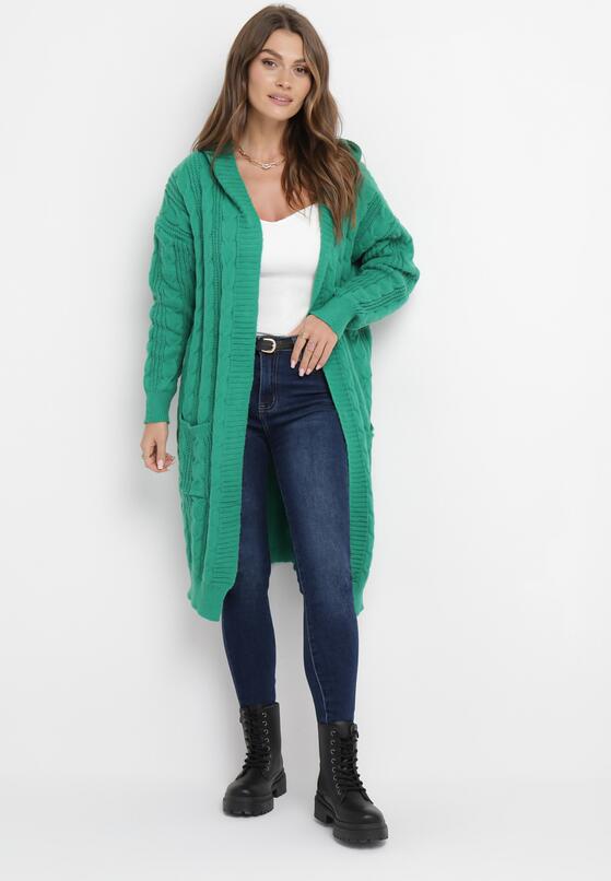 Zielony Długi Kardigan z Kapturem Ozdobiony Splotem Galemes 2
