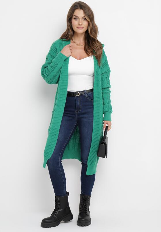 Zielony Długi Kardigan z Kapturem Ozdobiony Splotem Galemes 4