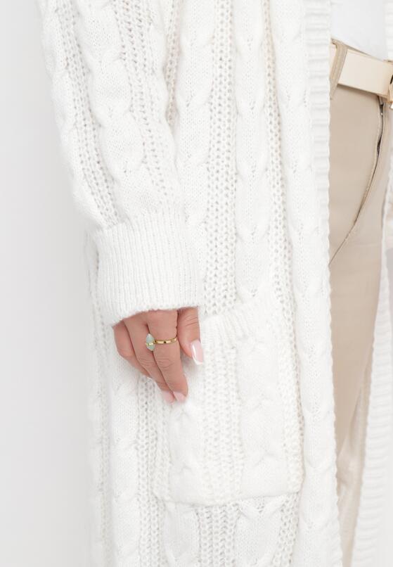 Biały Długi Kardigan z Kapturem Ozdobiony Splotem Galemes 5