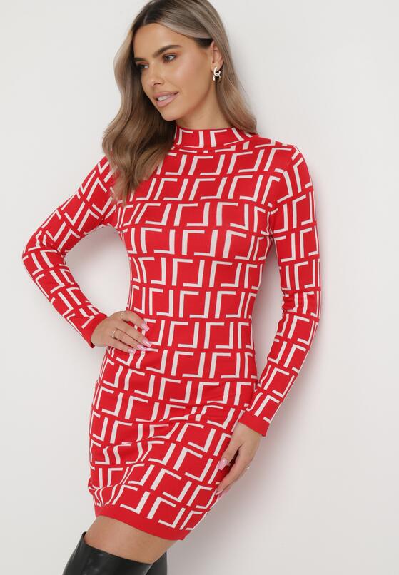 Czerwona Sukienka Mini ze Sweterkowego Materiału w Geometryczny Wzór Lenikes 1