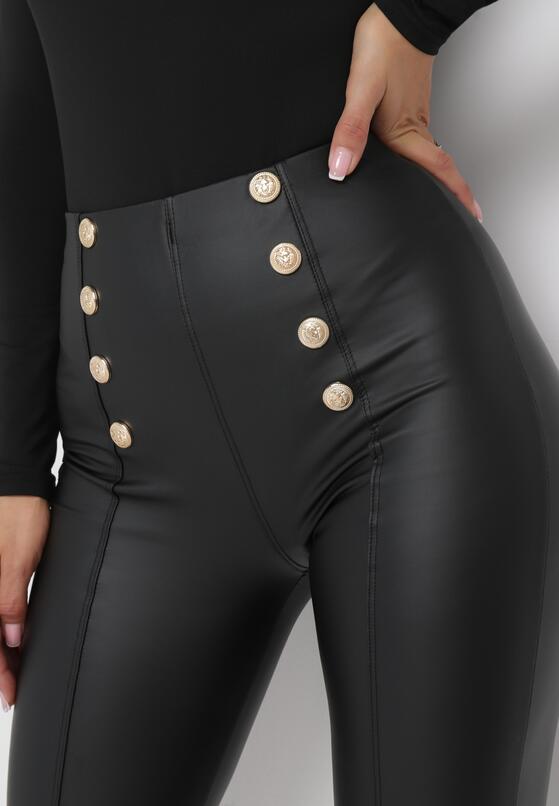 Czarne Spodnie Skinny Retro z Wysoką Talią Ozdobione Napami Kumia 5
