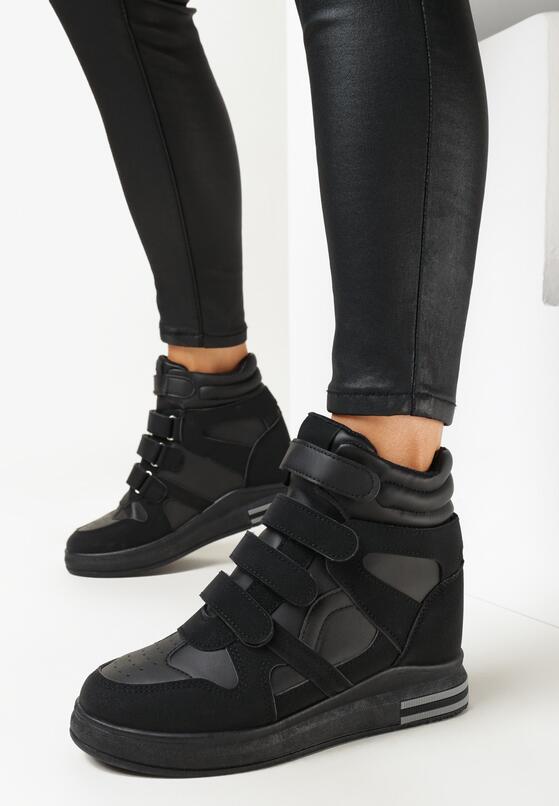 Czarne Sneakersy na Ukrytym Koturnie z Zapięciem na Rzepy Amria 1