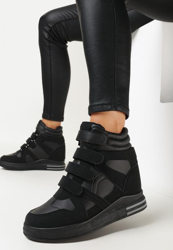 Czarne Sneakersy na Ukrytym Koturnie z Zapięciem na Rzepy Amria 2