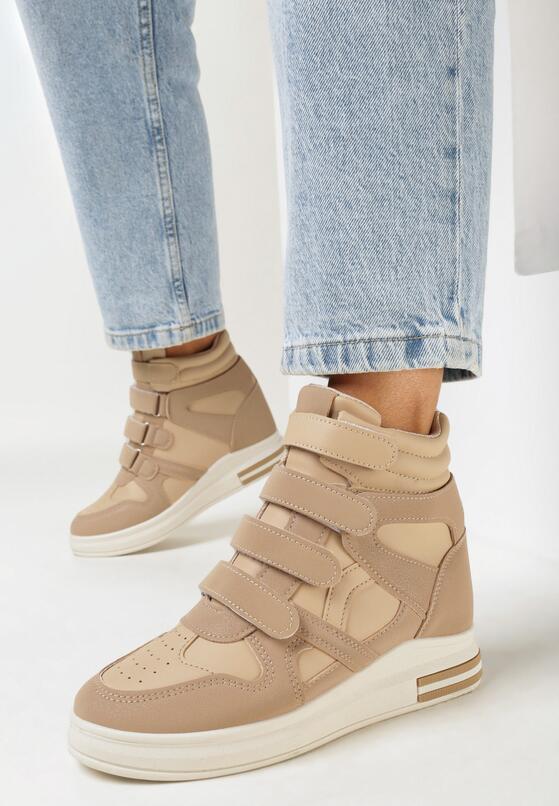 Ciemnobeżowe Sneakersy na Ukrytym Koturnie z Zapięciem na Rzepy Amria 1