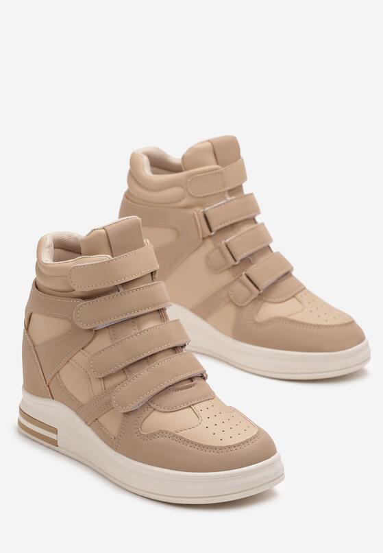 Ciemnobeżowe Sneakersy na Ukrytym Koturnie z Zapięciem na Rzepy Amria 4