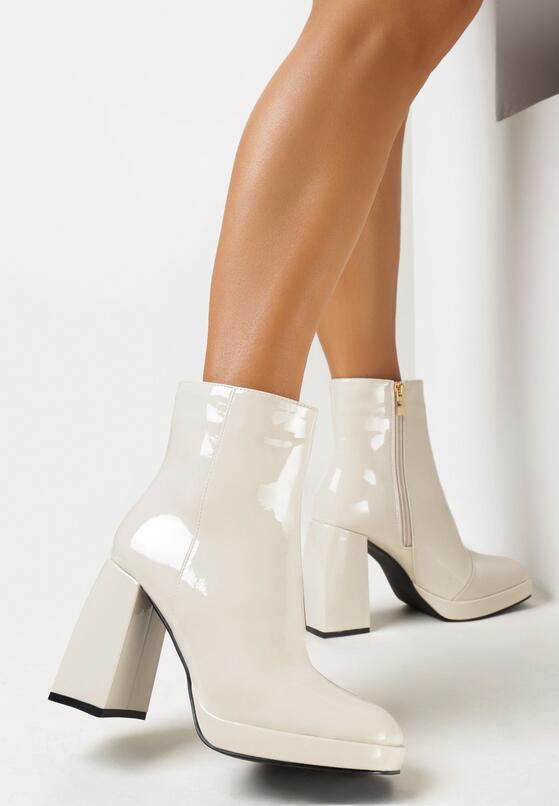 Beżowe Lakierowane Botki na Geometrycznym Słupku i Platformie Fiamira 1