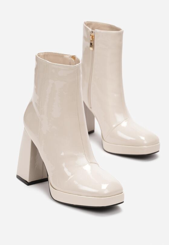 Beżowe Lakierowane Botki na Geometrycznym Słupku i Platformie Fiamira 4