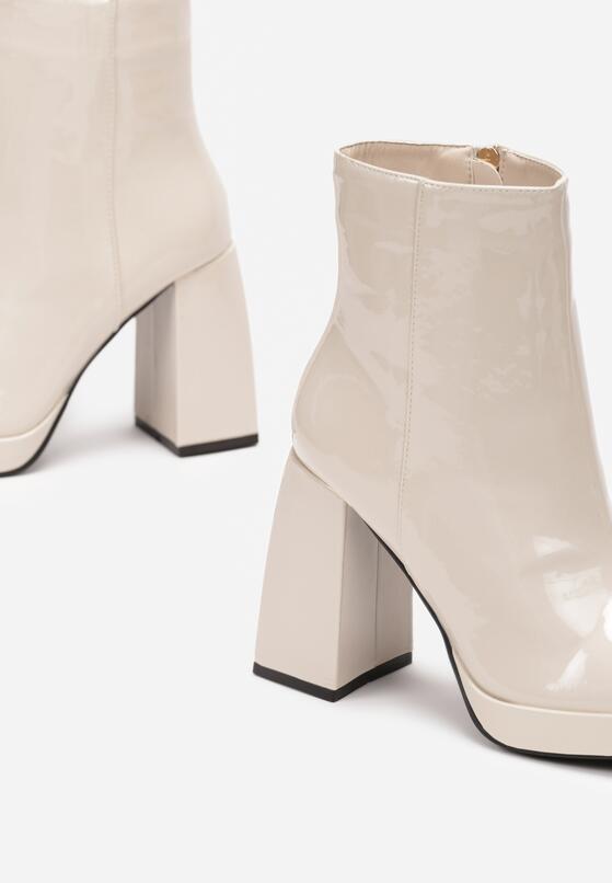 Beżowe Lakierowane Botki na Geometrycznym Słupku i Platformie Fiamira 5