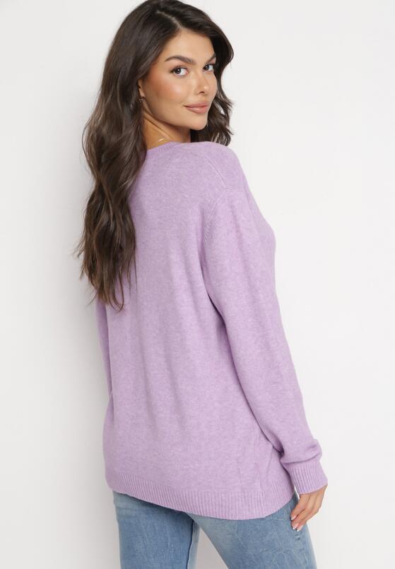 Jasnofioletowy Klasyczny Sweter z Trójkątnym Dekoltem i Ściągaczami Modahia 3