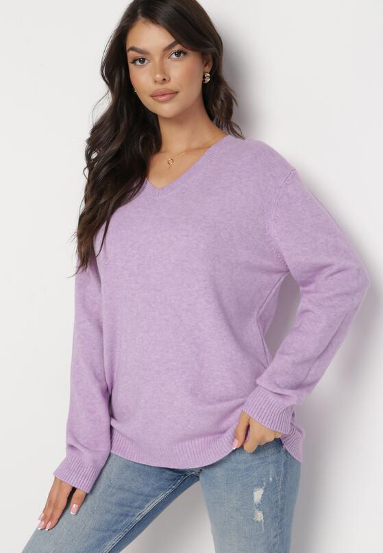 Jasnofioletowy Klasyczny Sweter z Trójkątnym Dekoltem i Ściągaczami Modahia 4