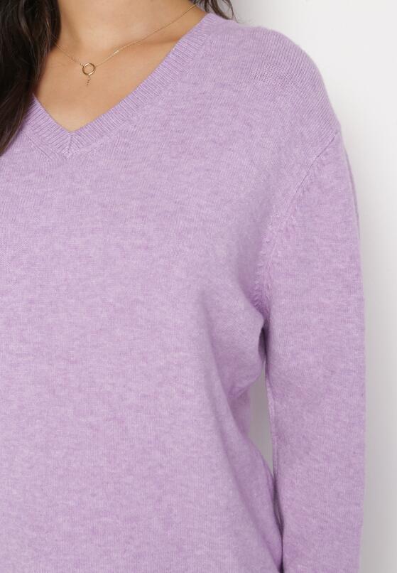 Jasnofioletowy Klasyczny Sweter z Trójkątnym Dekoltem i Ściągaczami Modahia 5