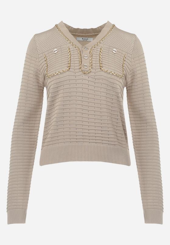 Beżowy Sweter w Stylu Retro z Ozdobnym Łańcuszkiem Elioraca 6