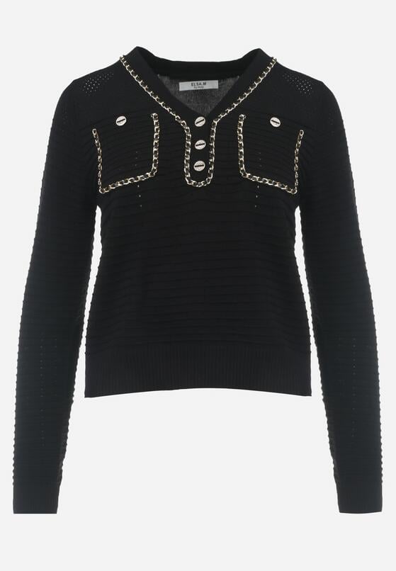 Czarny Sweter w Stylu Retro z Ozdobnym Łańcuszkiem Elioraca 6