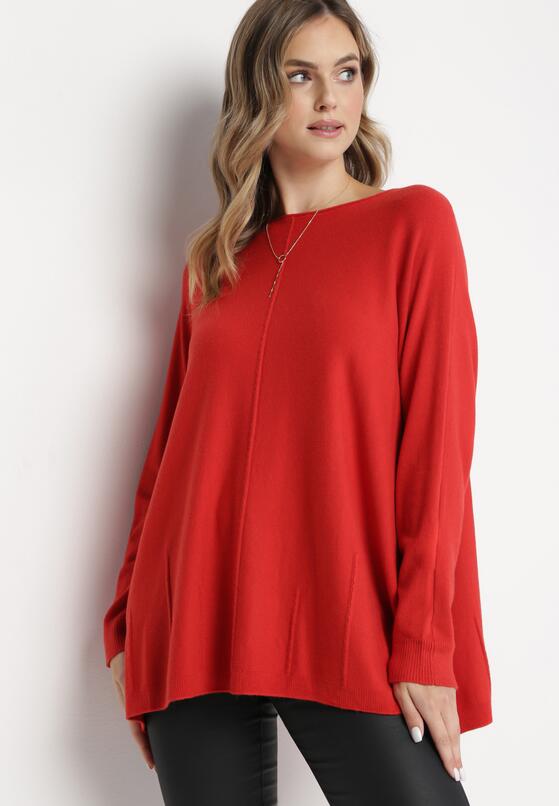 Czerwony Sweter z Przeszyciami i Rękawami Typu Nietoperz Jallee 1