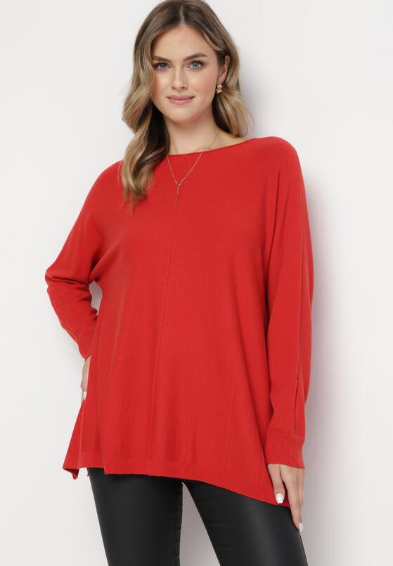 Czerwony Sweter z Przeszyciami i Rękawami Typu Nietoperz Jallee 4