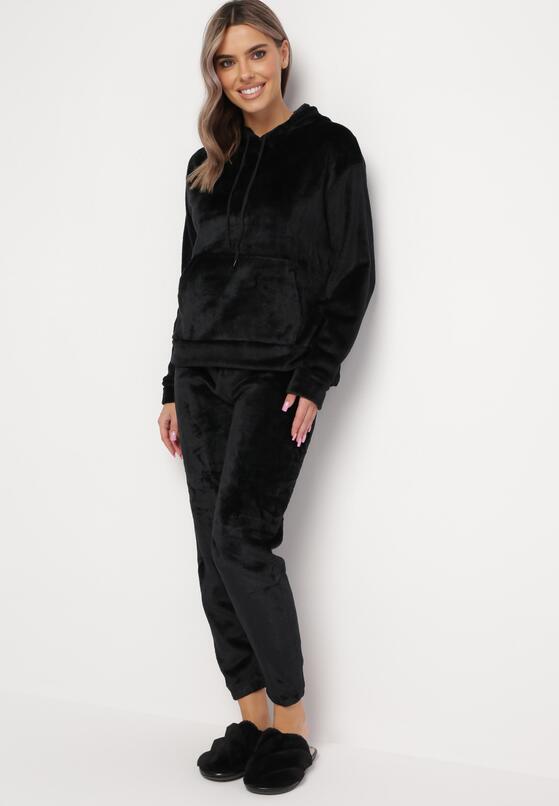 Czarny Welurowy Komplet Piżamowy Bluza z Kapturem i Spodnie Joggery z Pluszowej Dzianiny Carlala 2