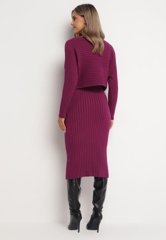 Fioletowy 2-częściowy Komplet Dzianinowy Sweter i Sukienka Rialles 3