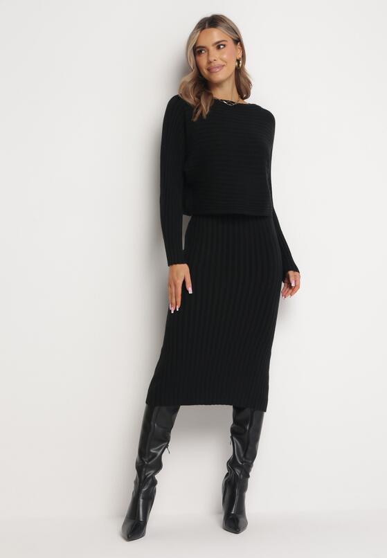 Czarny 2-częściowy Komplet Dzianinowy Sweter i Sukienka Rialles 1