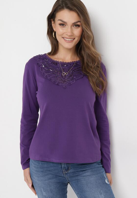 Fioletowa Bawełniana Bluzka z Koronką przy Dekolcie i Cekinami Poliva 4