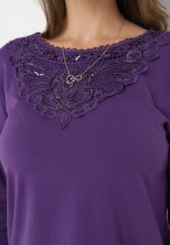 Fioletowa Bawełniana Bluzka z Koronką przy Dekolcie i Cekinami Poliva 5