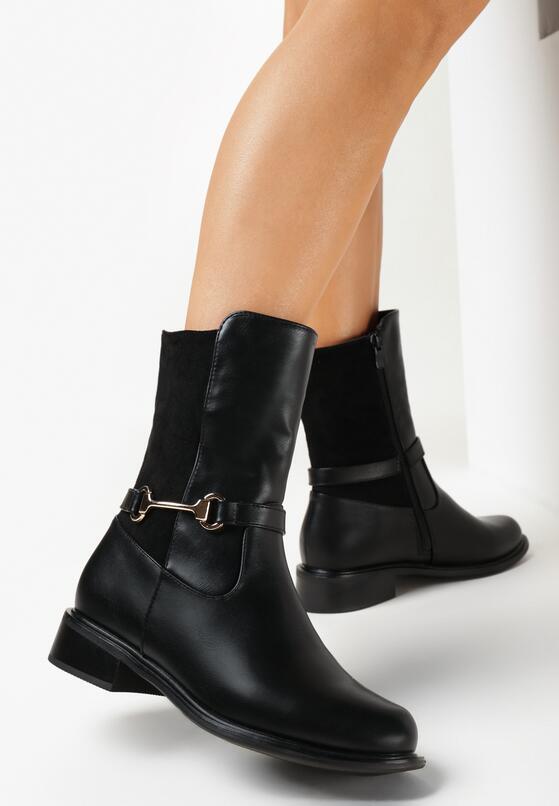 Czarne Botki za Kostkę z Ozdobną Klamerką Kleone 2