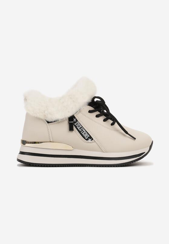 Beżowe Botki Sneakersy na Grubej Podeszwie z Futerkiem Biqilee 5