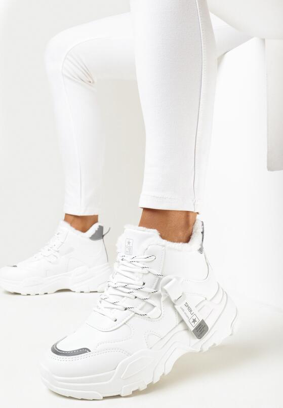 Białe Sneakersy Podwójnie Sznurowane za Kostkę ze Sztucznym Futerkiem Simnilka 1