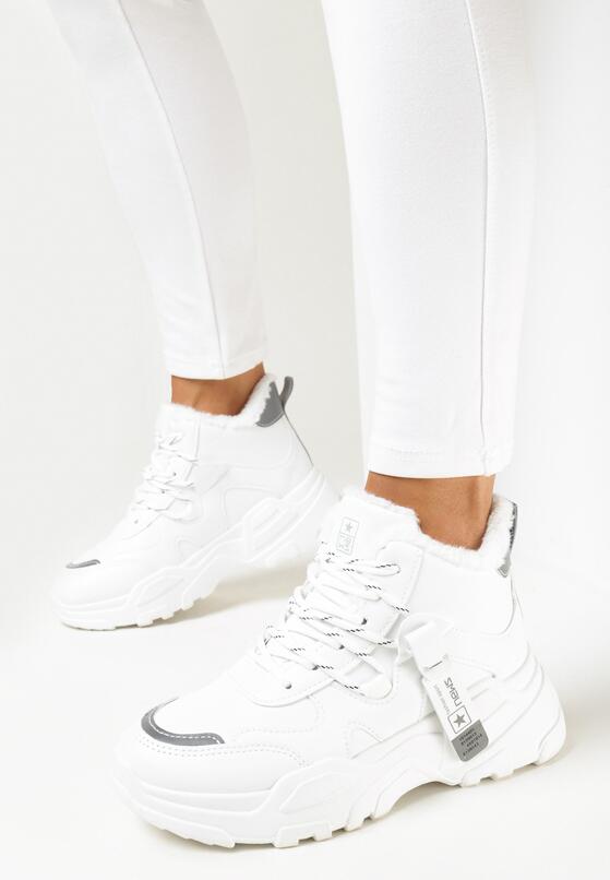 Białe Sneakersy Podwójnie Sznurowane za Kostkę ze Sztucznym Futerkiem Simnilka 2