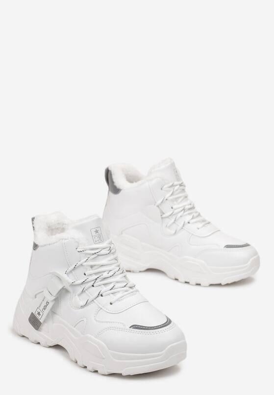 Białe Sneakersy Podwójnie Sznurowane za Kostkę ze Sztucznym Futerkiem Simnilka 4