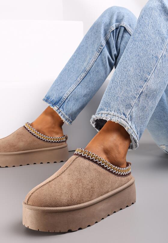 Ciemnobeżowe Śniegowce z Krótką Cholewką na Platformie z Ozdobną Lamówką Rivella 2