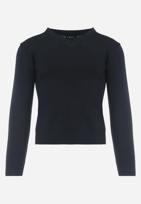 Granatowy Sweter z Trójkątnym Dekoltem i Wełną Mathie 6