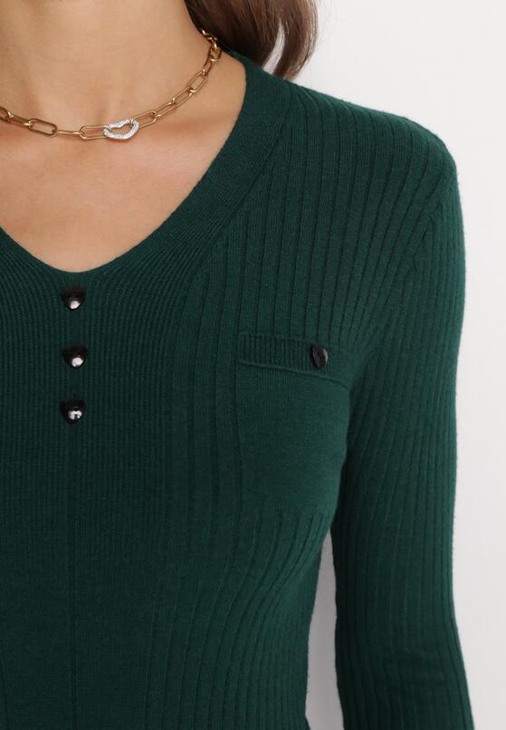 Ciemnozielony Prążkowany Sweter z Ozdobnymi Guziczkami Vipond 5