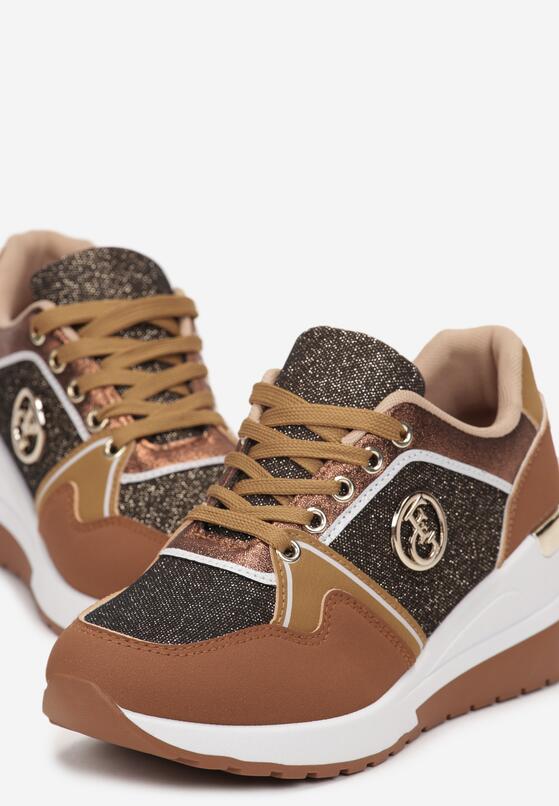 Brązowe Sznurowane Sneakersy na Koturnie z Brokatem Lasima 5