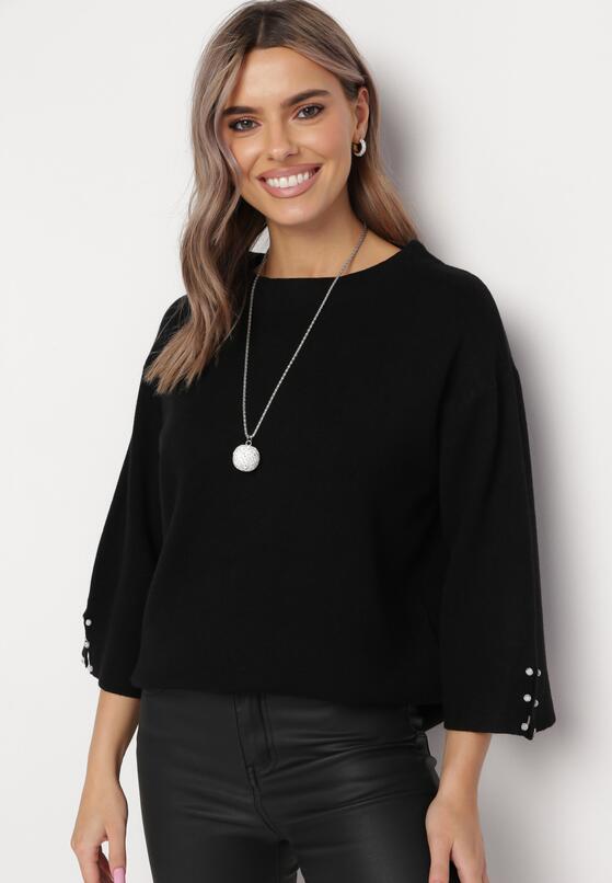 Czarny Sweter z Rękawami 3/4 i i Naszyjnikiem z Cyrkoniami Bacenisa 1