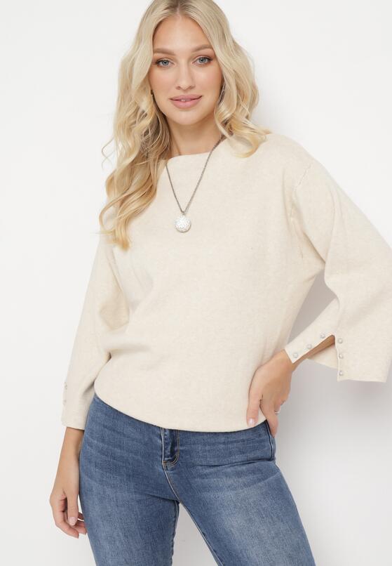 Jasnobeżowy Sweter z Rękawami 3/4 i i Naszyjnikiem z Cyrkoniami Bacenisa 1