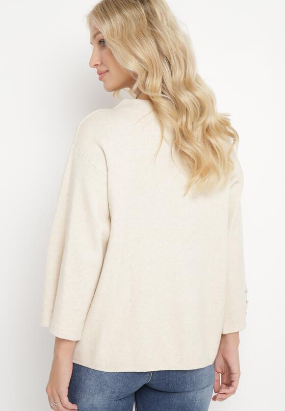 Jasnobeżowy Sweter z Rękawami 3/4 i i Naszyjnikiem z Cyrkoniami Bacenisa 3