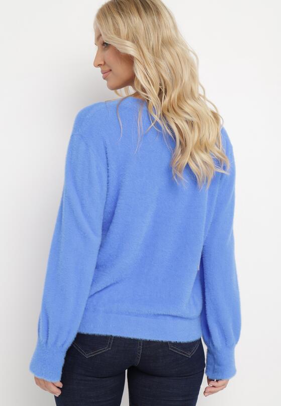 Niebieski Klasyczny Kardigan Zapinany na Guziki z Dłuższym Włosiem Sabatta 3