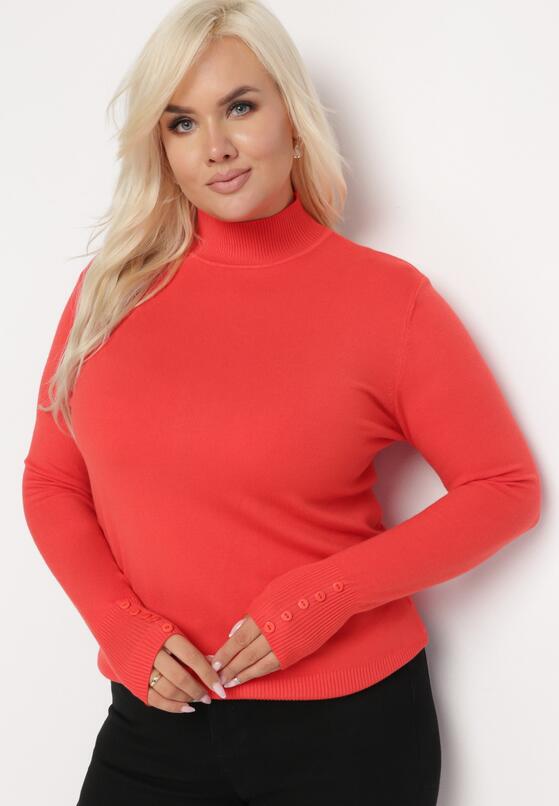 Pomarańczowy Sweter z Krótkim Golfem Ozdobiony Guzikami na Rękawach Santola 1