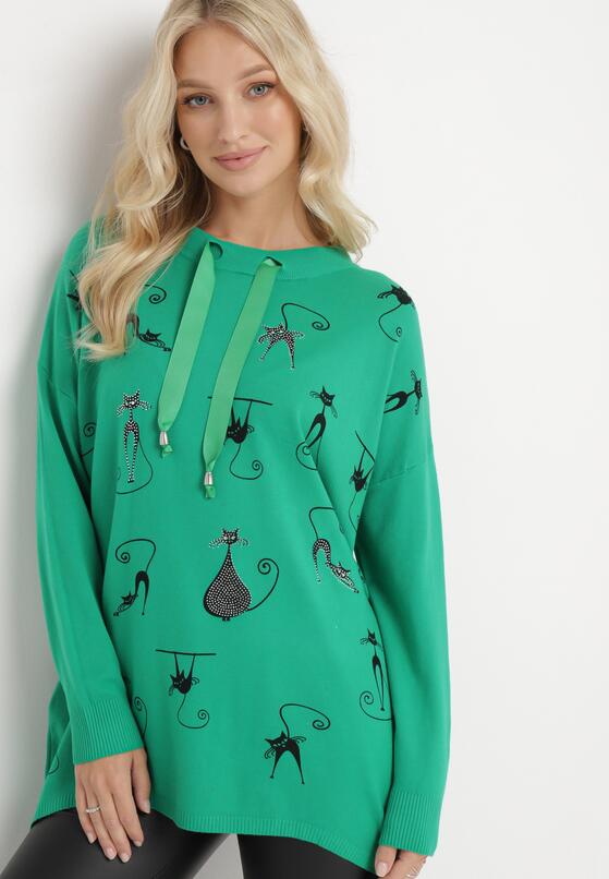 Zielony Sweter w Kotki Ozdobiony Wiązaniem Przy Szyi i Cyrkoniami Damouni 1