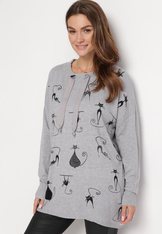 Szary Sweter w Kotki Ozdobiony Wiązaniem Przy Szyi i Cyrkoniami Damouni 1