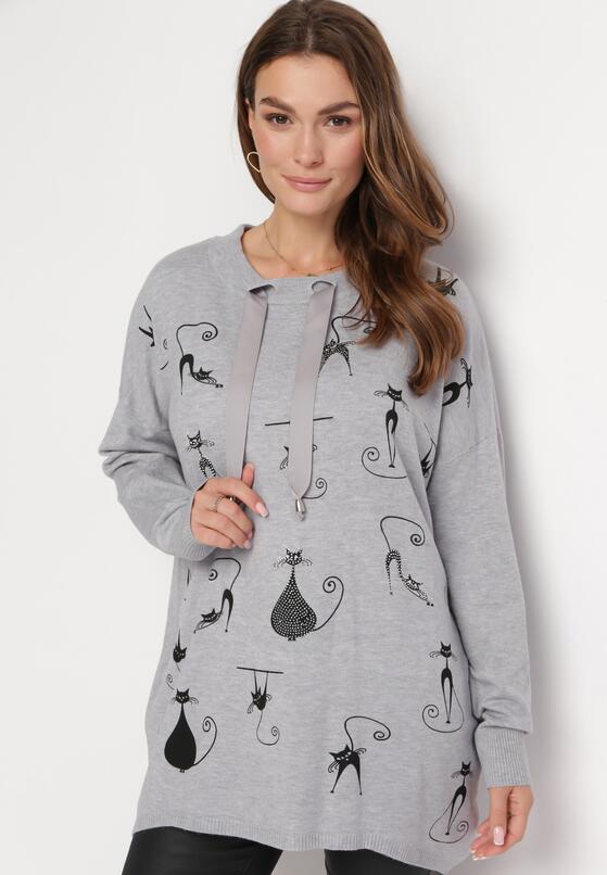 Szary Sweter w Kotki Ozdobiony Wiązaniem Przy Szyi i Cyrkoniami Damouni 2