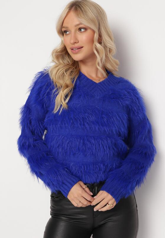 Granatowy Sweter Puchaty z Dodatkiem Kaszmiru Isorte 4