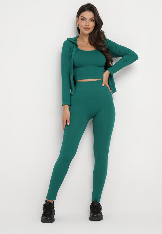 Zielony 3-częściowy Komplet Dzianinowy w Prążki Top Bluza i Legginsy Doulli 1