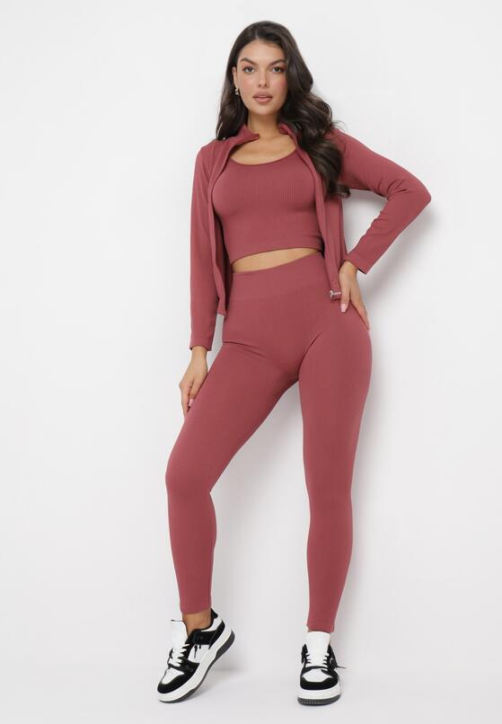 Ciemnoróżowy 3-częściowy Komplet Dzianinowy w Prążki Top Bluza i Legginsy Doulli 1