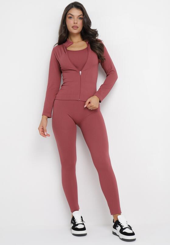 Ciemnoróżowy 3-częściowy Komplet Dzianinowy w Prążki Top Bluza i Legginsy Doulli 2